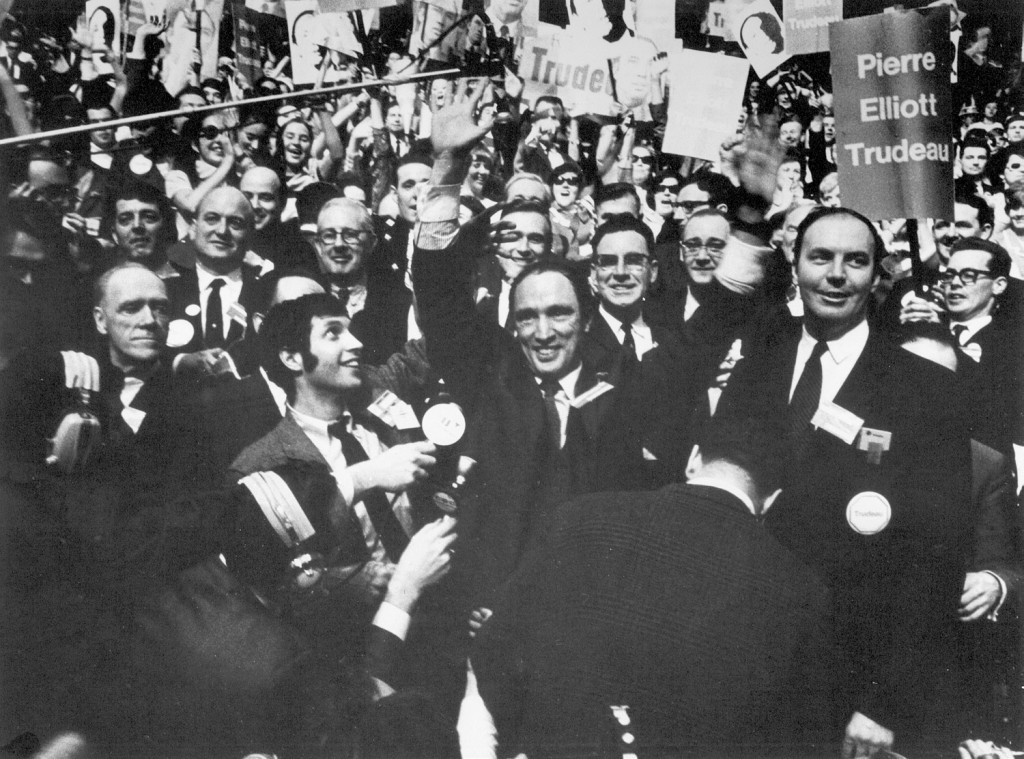 A jubilant Pierre Trudeau after winning the Liberal leadership in 1968. As the first MP from Ontario to support him, Macdonald is close by, just to the right.